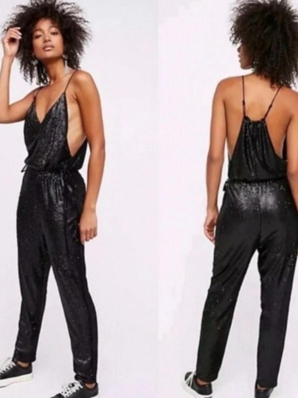 Free People Black Sequin Spaghetti-Strap Jumpsuit